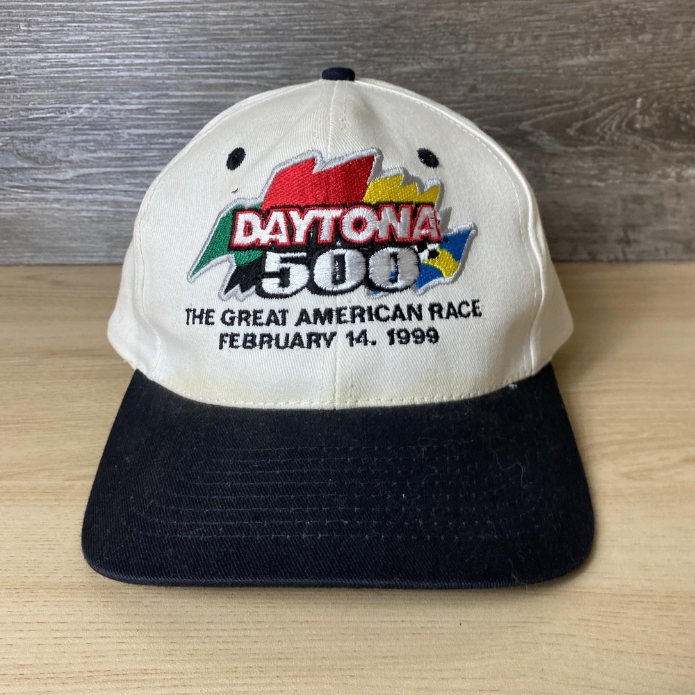 Vintage Daytona 500 Hat Cap Snap Back White Black NASCAR Racing Mens 1999 90s